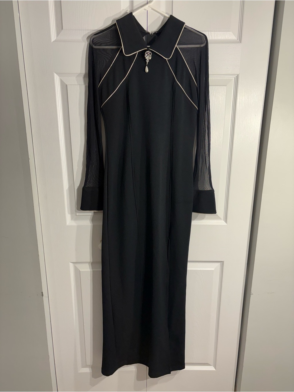 Vintage Taheri Black Gown Sheer Long Sleeve Crystal Brooch Maxi Dress (4A)